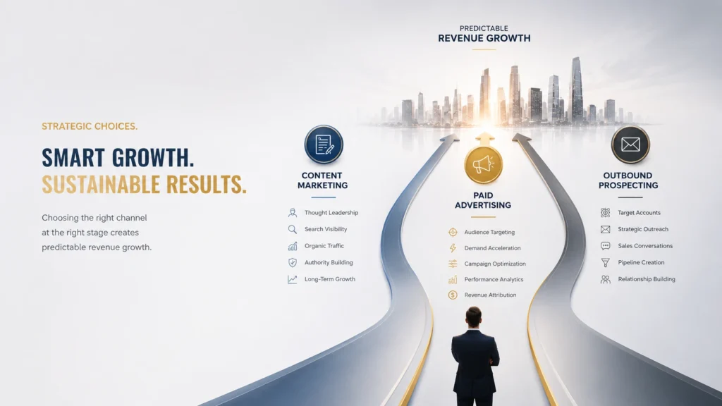 B2B growth strategy comparing content marketing, paid advertising, and outbound sales channels for scalable lead generation
