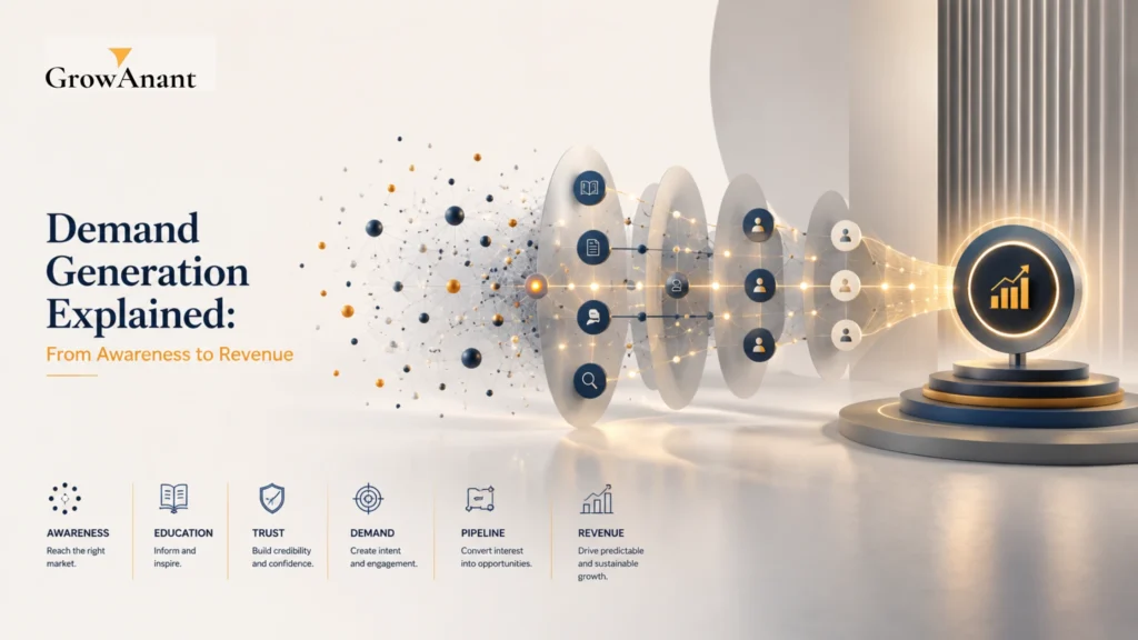 Demand generation strategy framework connecting awareness, pipeline generation, and revenue growth