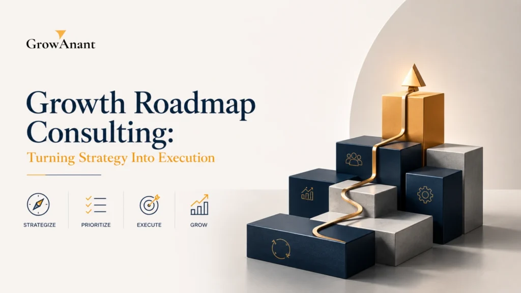 Growth roadmap consulting framework showing strategic planning, execution milestones, and business growth initiatives