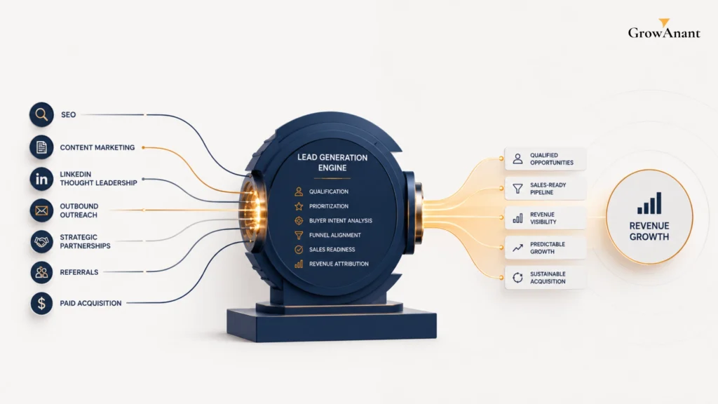 B2B lead generation engine framework showing channels, qualification process, and revenue pipeline growth
