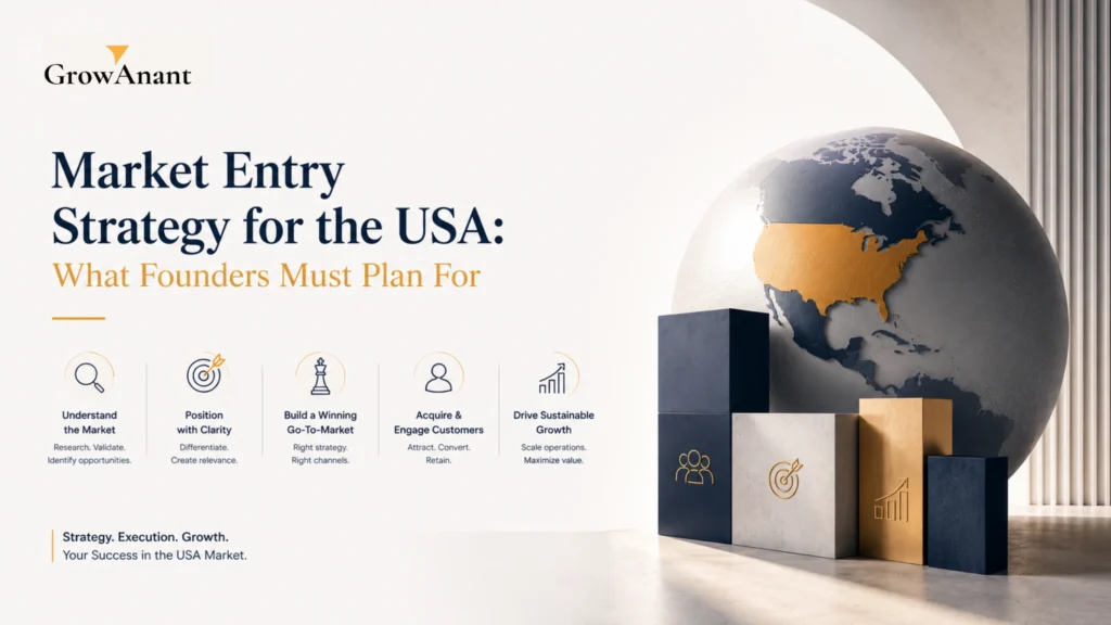 Founder planning a U.S. market entry strategy with go-to-market roadmap, pricing model, and growth planning framework