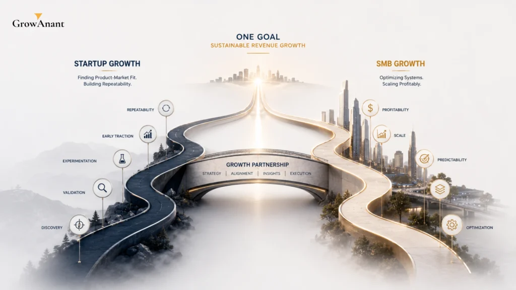 Startup founder and SMB business owner reviewing growth strategy, revenue planning, and business consulting roadmap