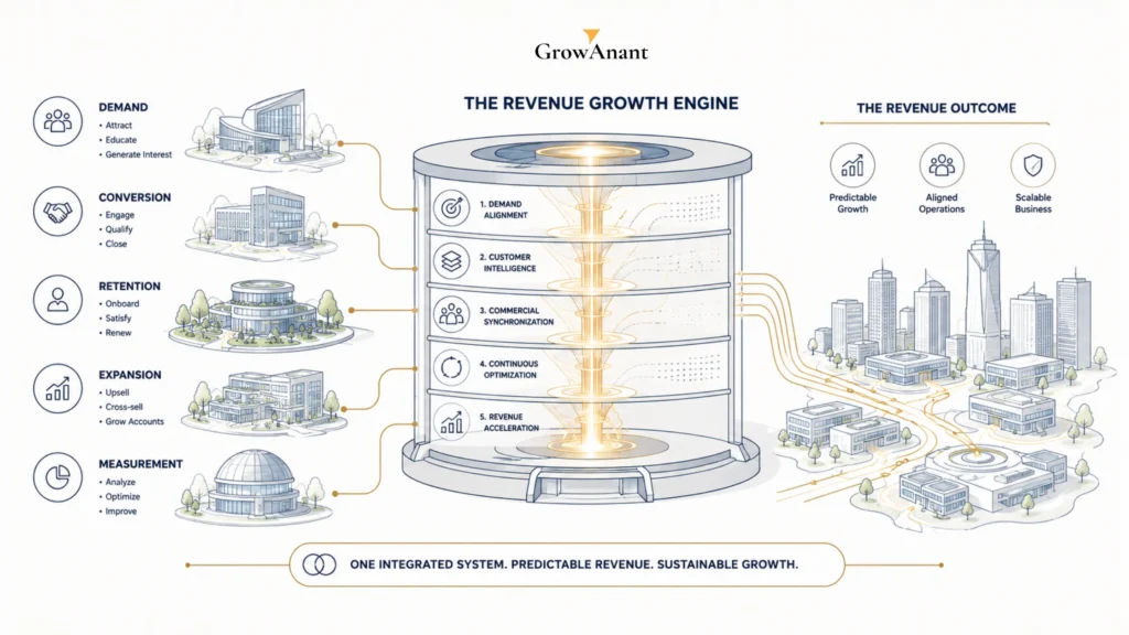 Executive growth marketing team reviewing a revenue growth system with demand generation, conversion funnel, customer retention, and business performance dashboards.