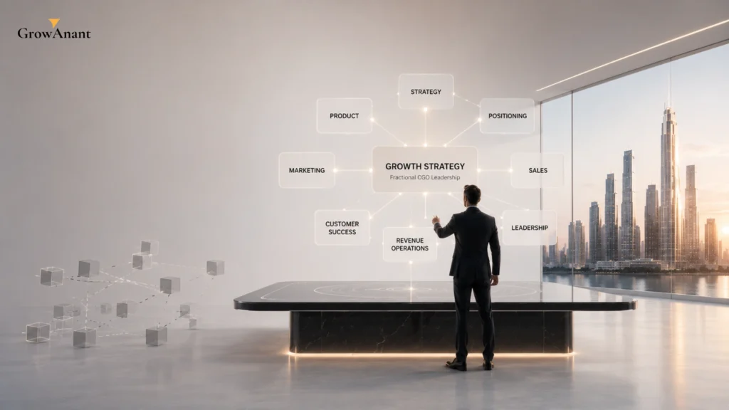 Executive fractional chief growth officer leading a B2B revenue strategy session with founders and growth leaders.
