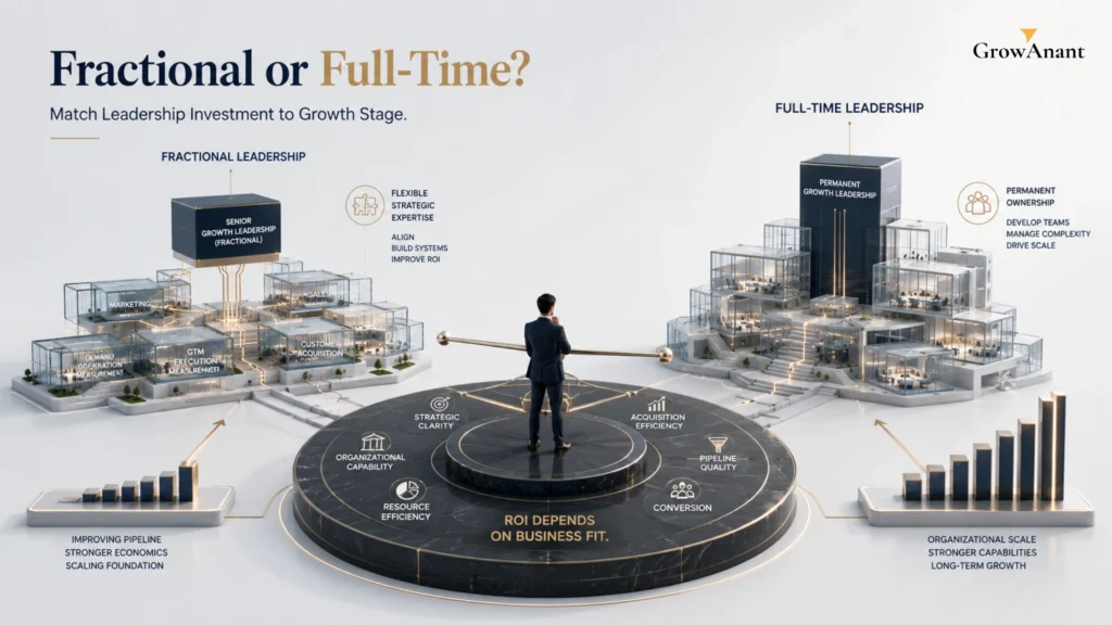 Business leaders comparing a fractional growth consultant with a full-time growth leader based on cost, strategic ownership, and growth ROI