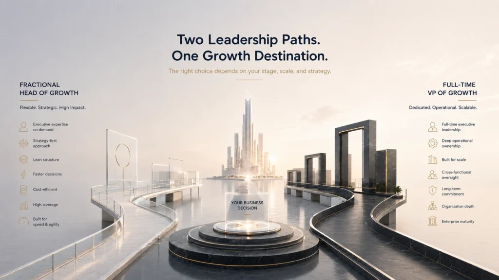 Executive comparing a Fractional Head of Growth and VP of Growth to build scalable B2B revenue systems