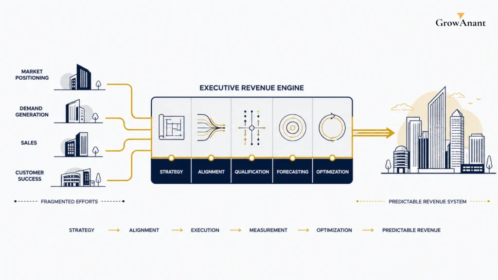 Fractional growth leader reviewing revenue dashboards, growth systems, and sales pipeline strategy with a business leadership team.