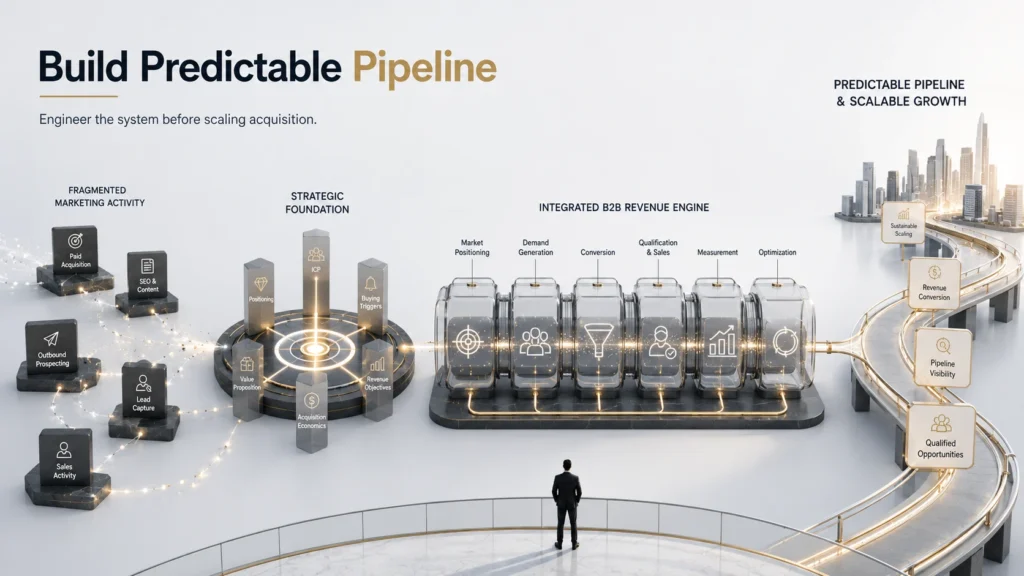 Predictable lead generation for B2B services engine connecting demand generation, conversion, sales alignment, and revenue pipeline
