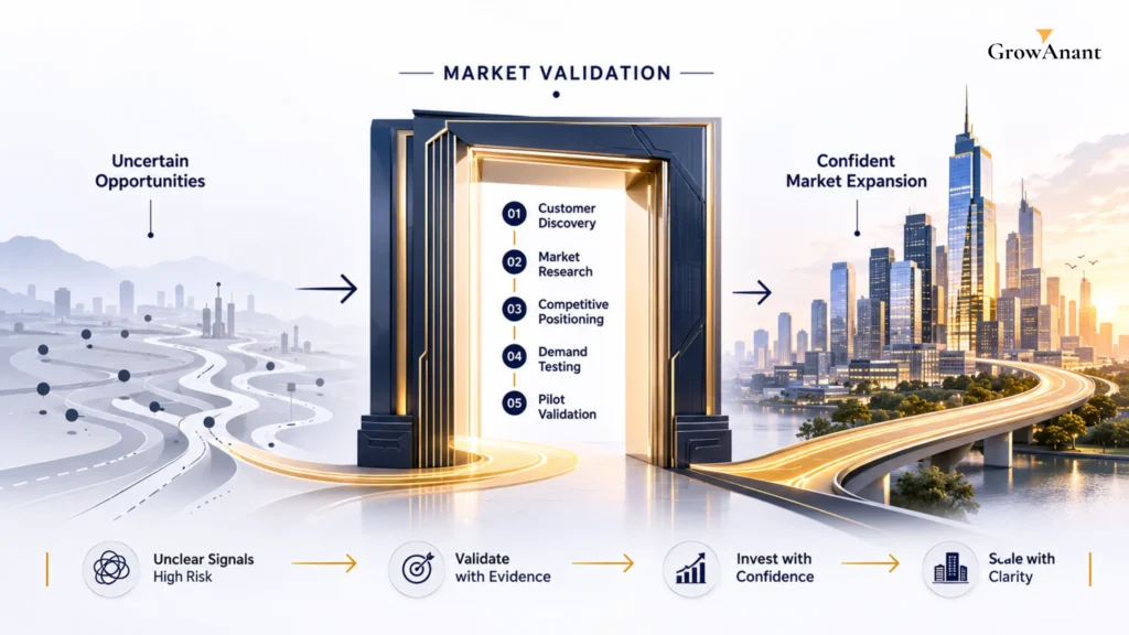 Business leaders validating a new market opportunity before expanding into the U.S. with research, customer insights, and growth strategy planning.