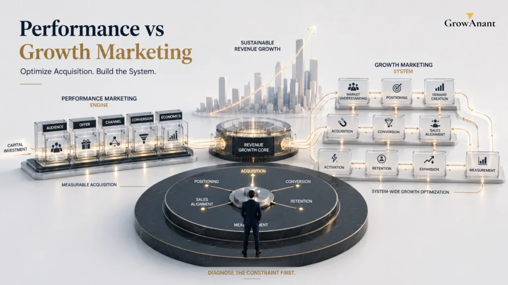 Business leaders comparing performance marketing services USA and growth marketing services for customer acquisition, scalable growth, and long-term revenue
