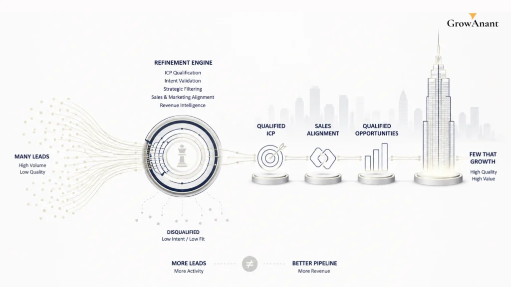 B2B revenue dashboard showing qualified sales pipeline, lead scoring, and marketing performance metrics for sustainable business growth.