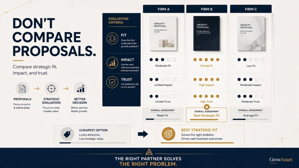 Founders comparing brand growth consulting proposals, strategy, pricing, execution, and business outcomes