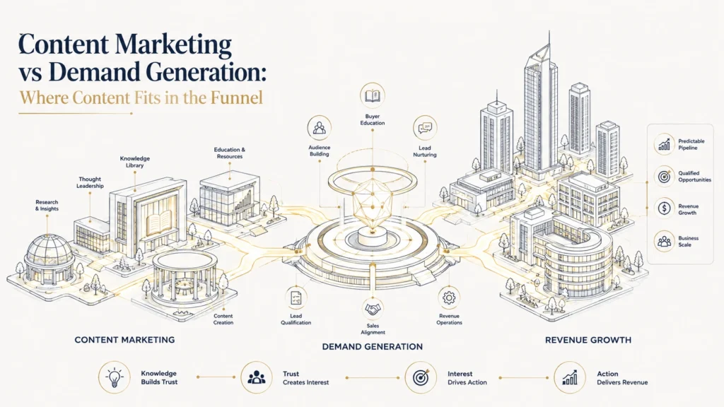Content marketing and demand generation strategy framework showing how content supports every stage of the B2B revenue funnel.