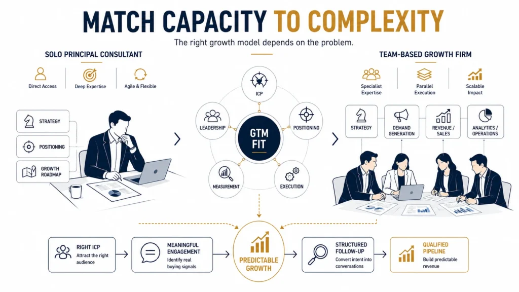 Founder evaluating a principal growth consultant versus a team-based growth consulting firm