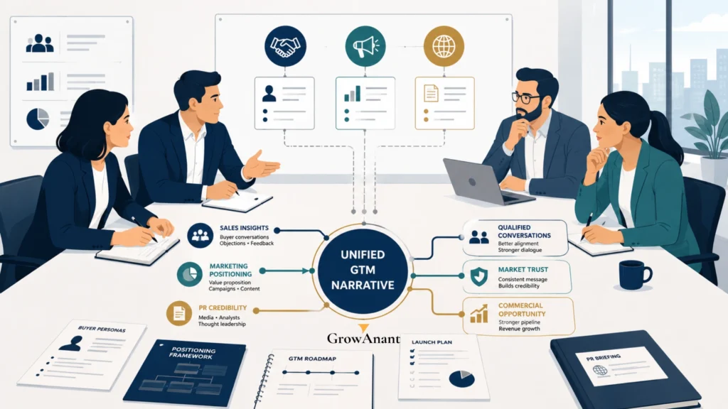 GTM communications strategy aligning B2B sales, marketing, and PR messaging