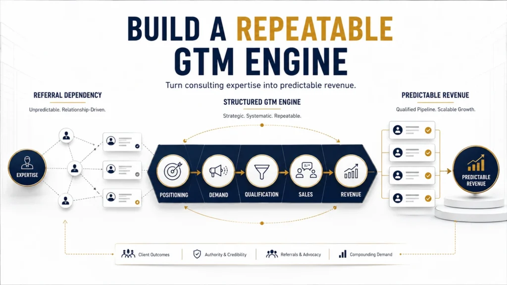 Go-to-market strategy for consulting services connecting expertise, demand generation, sales, and revenue growth