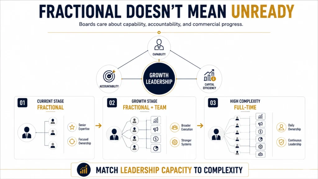 Board and investors evaluating fractional growth leadership for a growth-stage company