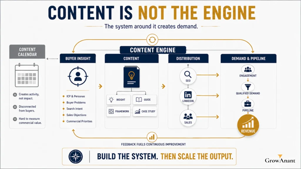 B2B content engine connecting SEO, content production, distribution, and demand generation