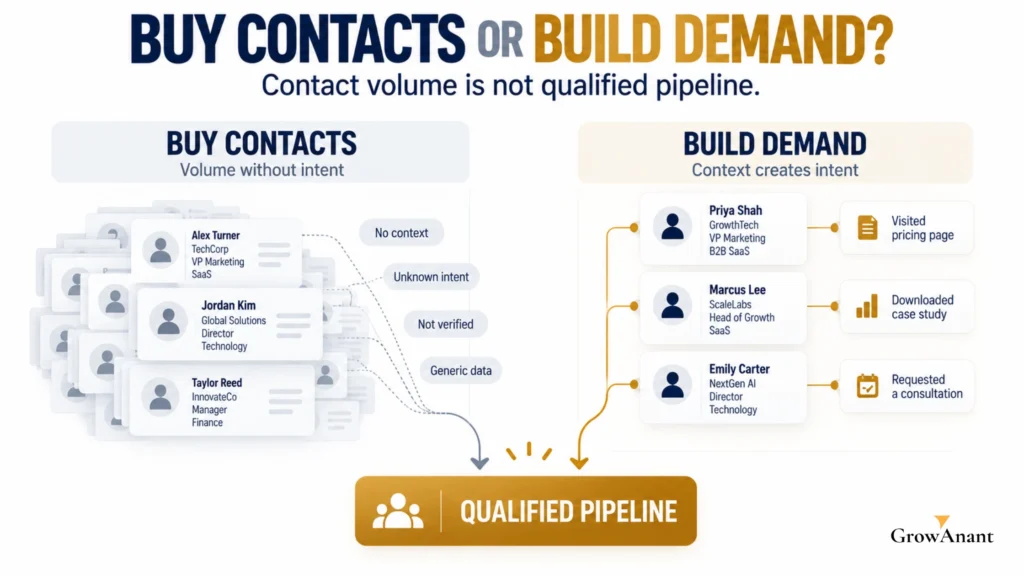 Generate vs buy leads comparison showing a B2B lead generation funnel, purchased lead lists, qualified prospects, and sales opportunities
