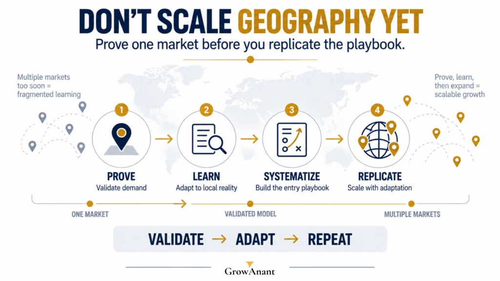 Global market entry strategy showing a U.S. company expanding into international markets through localization and growth planning