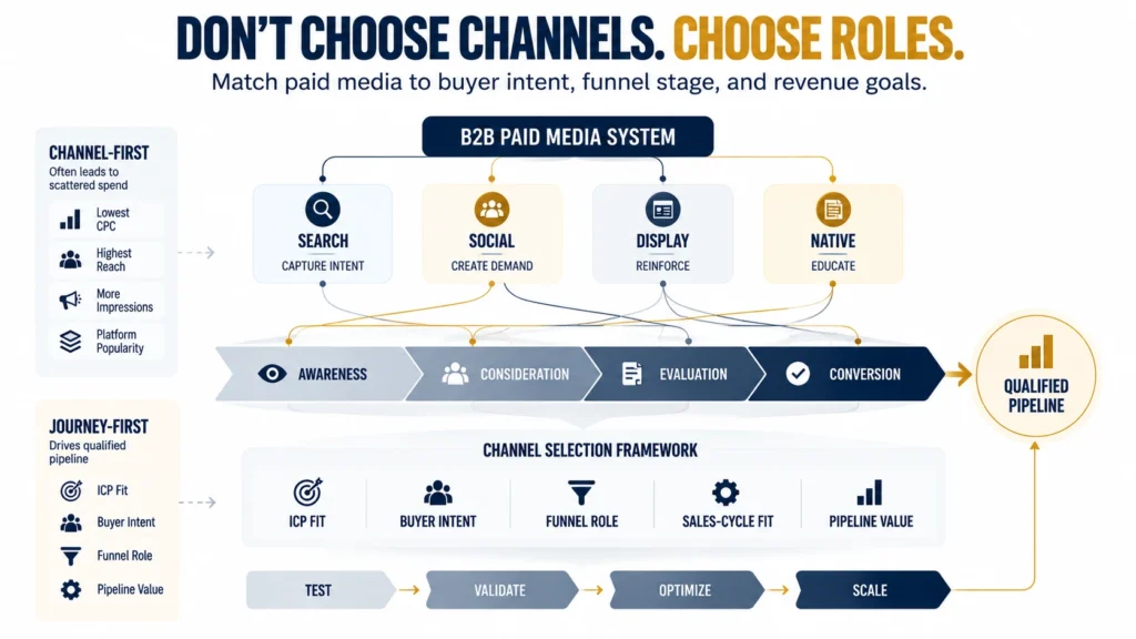 B2B paid media channel comparison showing search, social, display, and native advertising across the marketing funnel