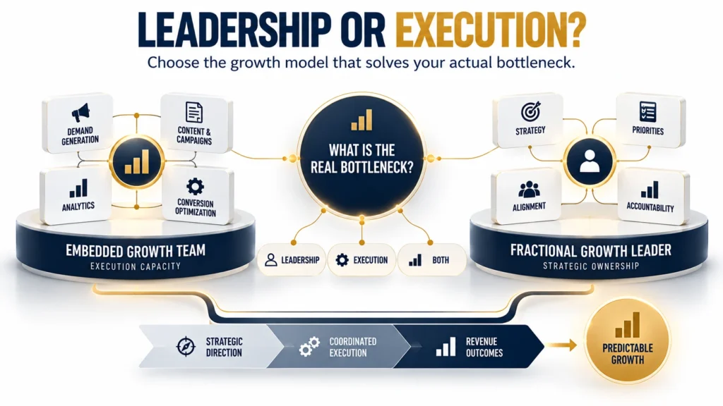 Embedded growth team vs fractional growth leader comparison showing team execution, strategic leadership, and business growth responsibilities