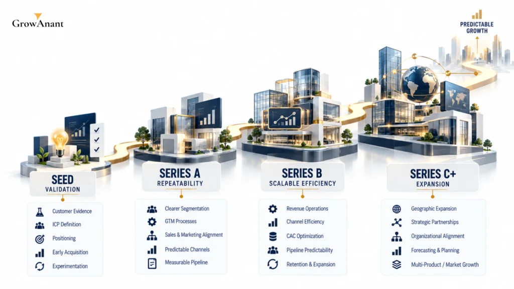 GTM consulting by funding stage showing Seed, Series A, Series B, and Series C growth priorities
