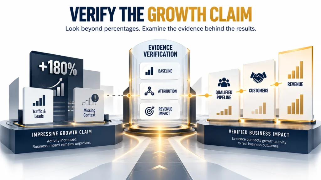 Growth consulting case studies comparison highlighting revenue metrics, missing context, and result verification